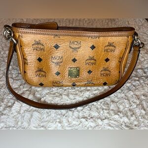 Authentic MCM Visetos Cognac Coated Canva Leather and Baguette Bag